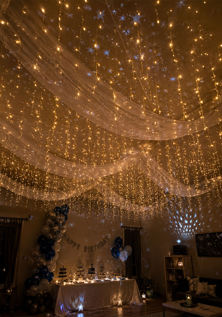 DIY fairy light ceiling canopy for a light-up birthday party with cascading warm white string lights and star projector