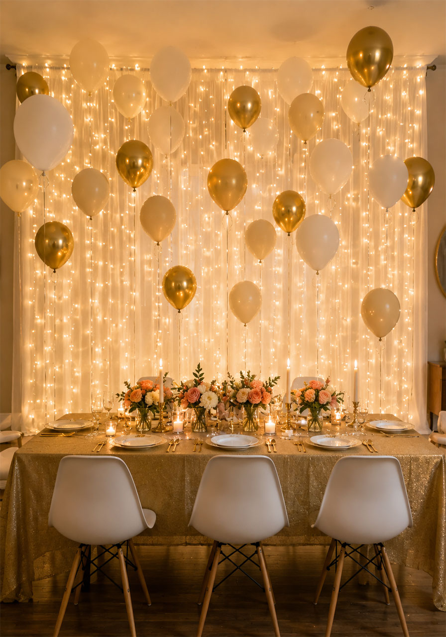 Twinkling fairy light sheer curtain backdrop with gold and white ceiling balloon cluster above an elegant 10th birthday dinner table