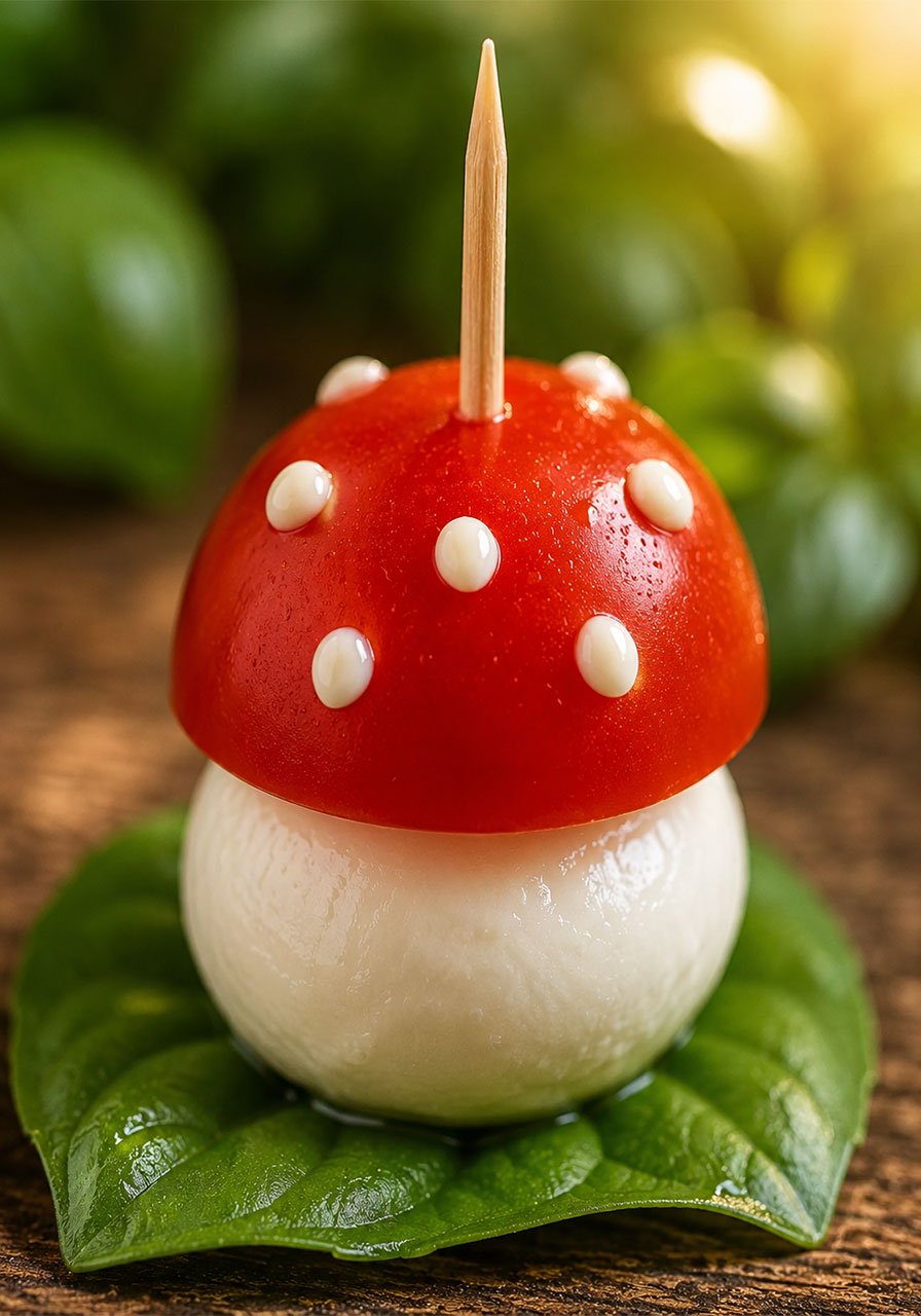 Close-up of a single fairy toadstool caprese bite made with cherry tomato, fresh mozzarella, basil and sesame seed spots on a toothpick