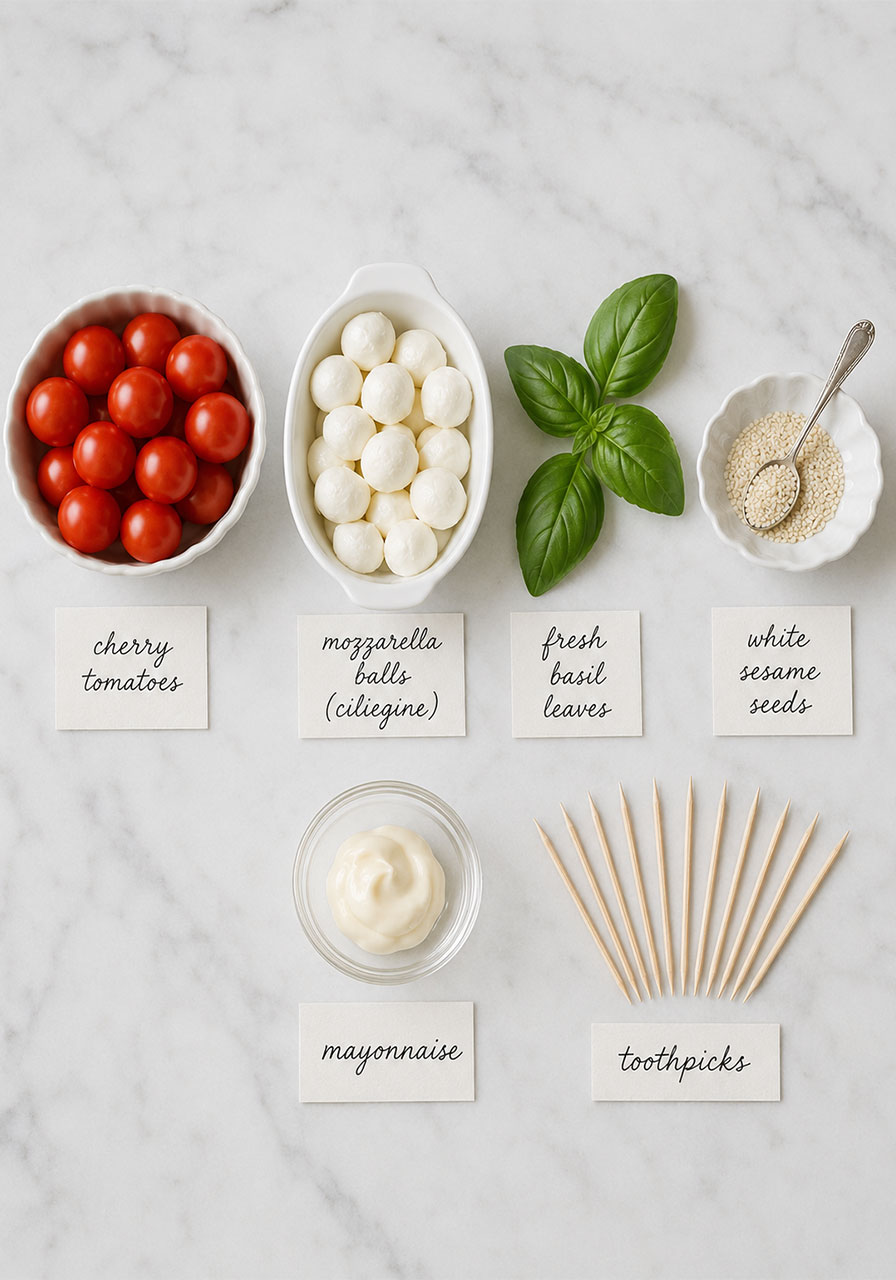 Ingredients for fairy toadstool caprese bites — cherry tomatoes, fresh mozzarella, basil, sesame seeds and toothpicks