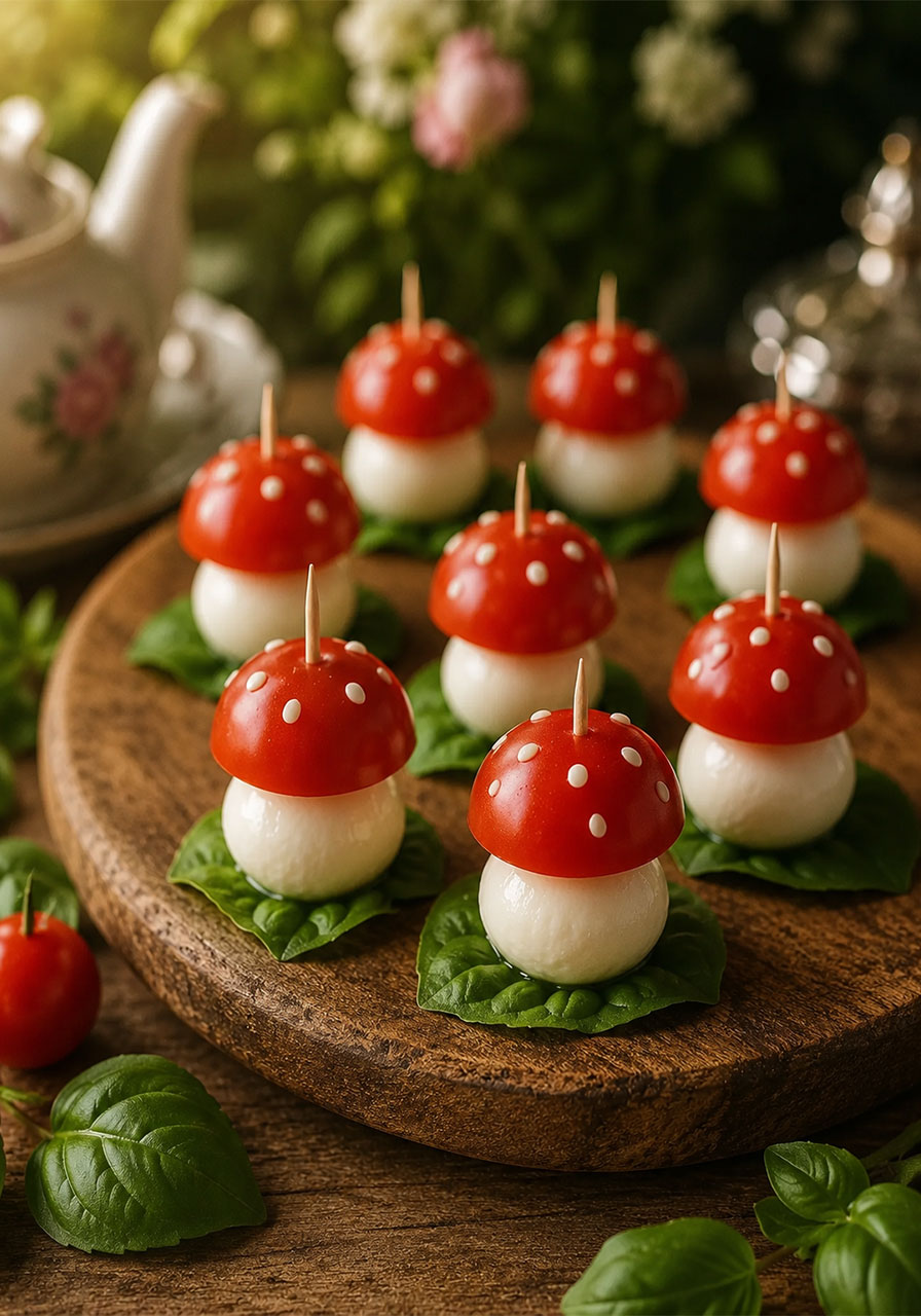 Fairy toadstool caprese bites on a wooden board — cherry tomato and mozzarella appetizer for kids' garden parties