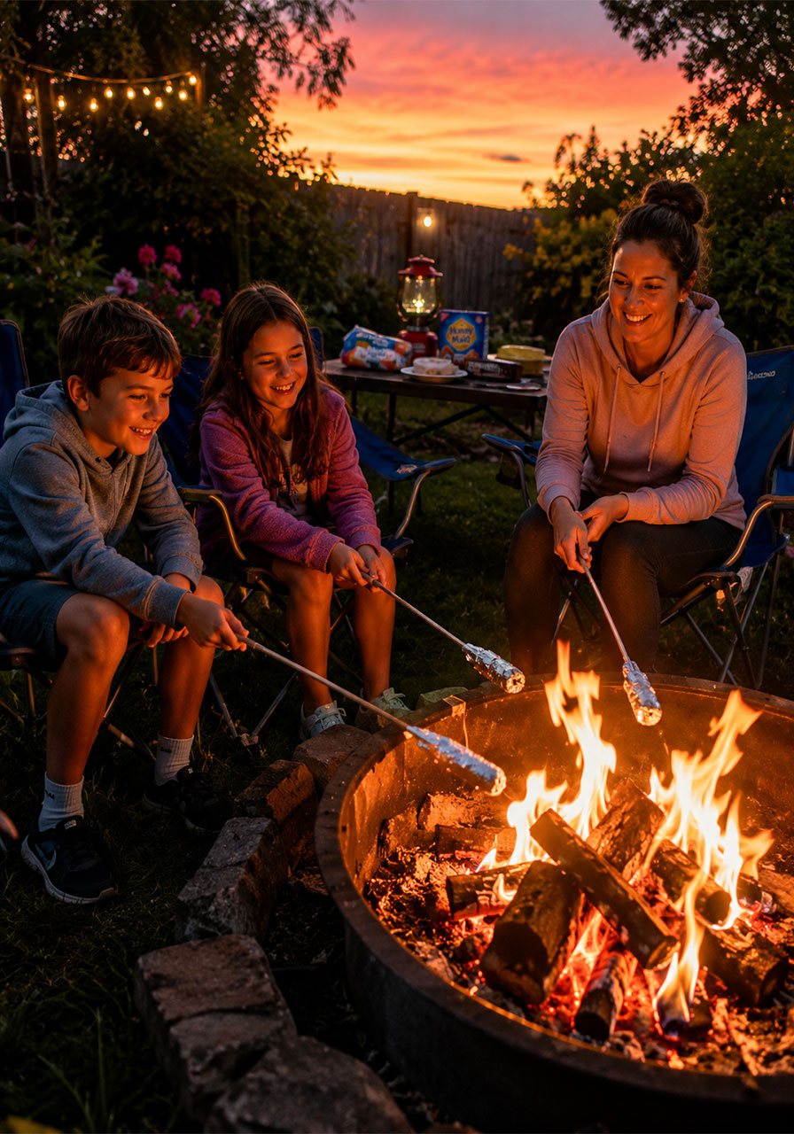 Family with kids roasting foil-wrapped crescent hot dogs over a backyard campfire fire pit at golden hour