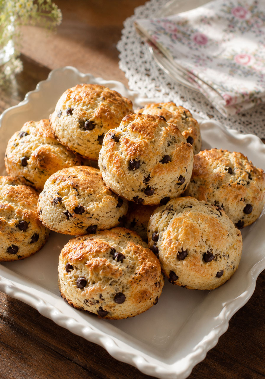 Homemade chocolate chip scones made from a cherished family recipe for a tea party