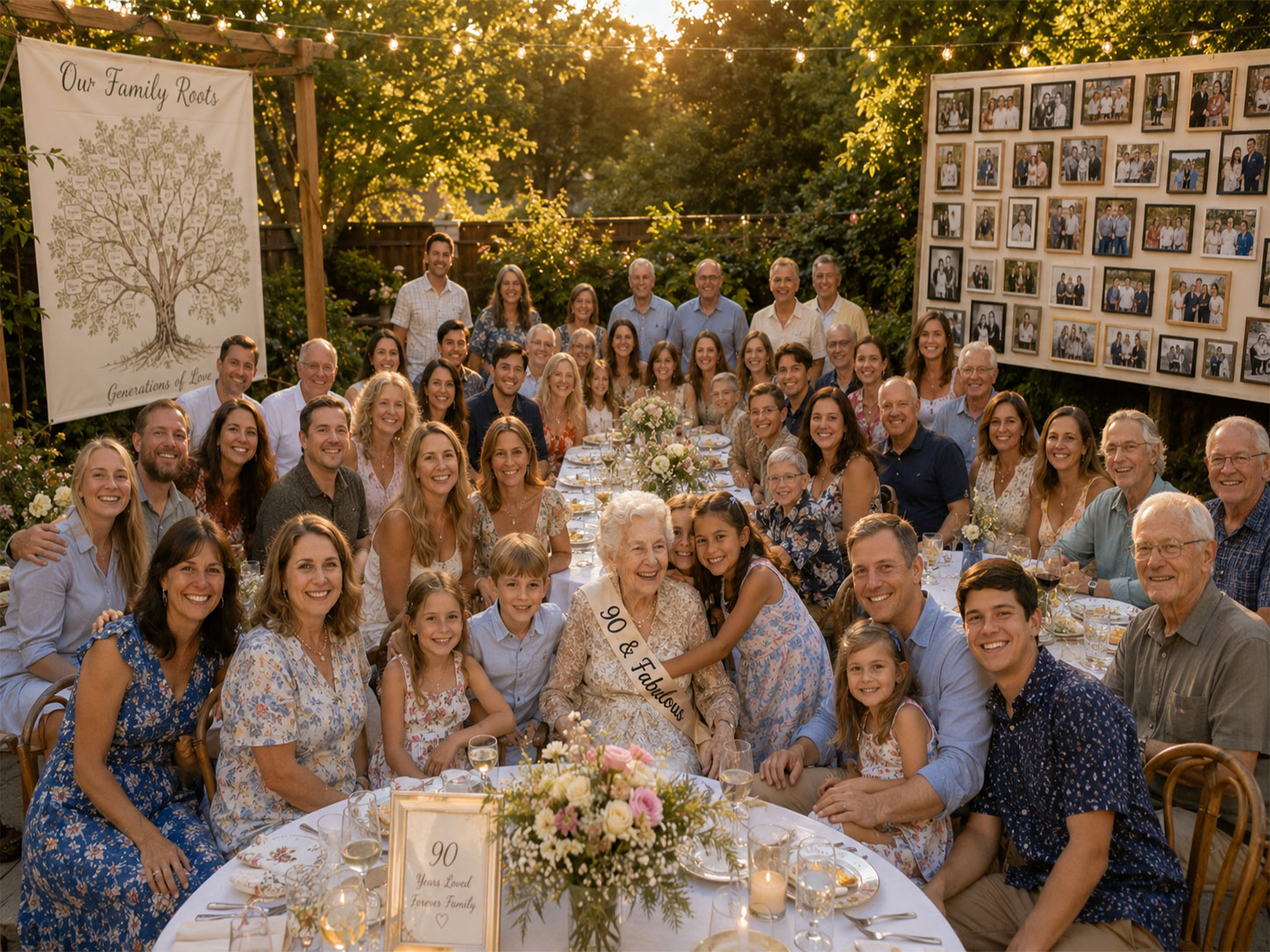 Multi-generational family reunion 90th birthday celebration in backyard with photo wall and family tree banner