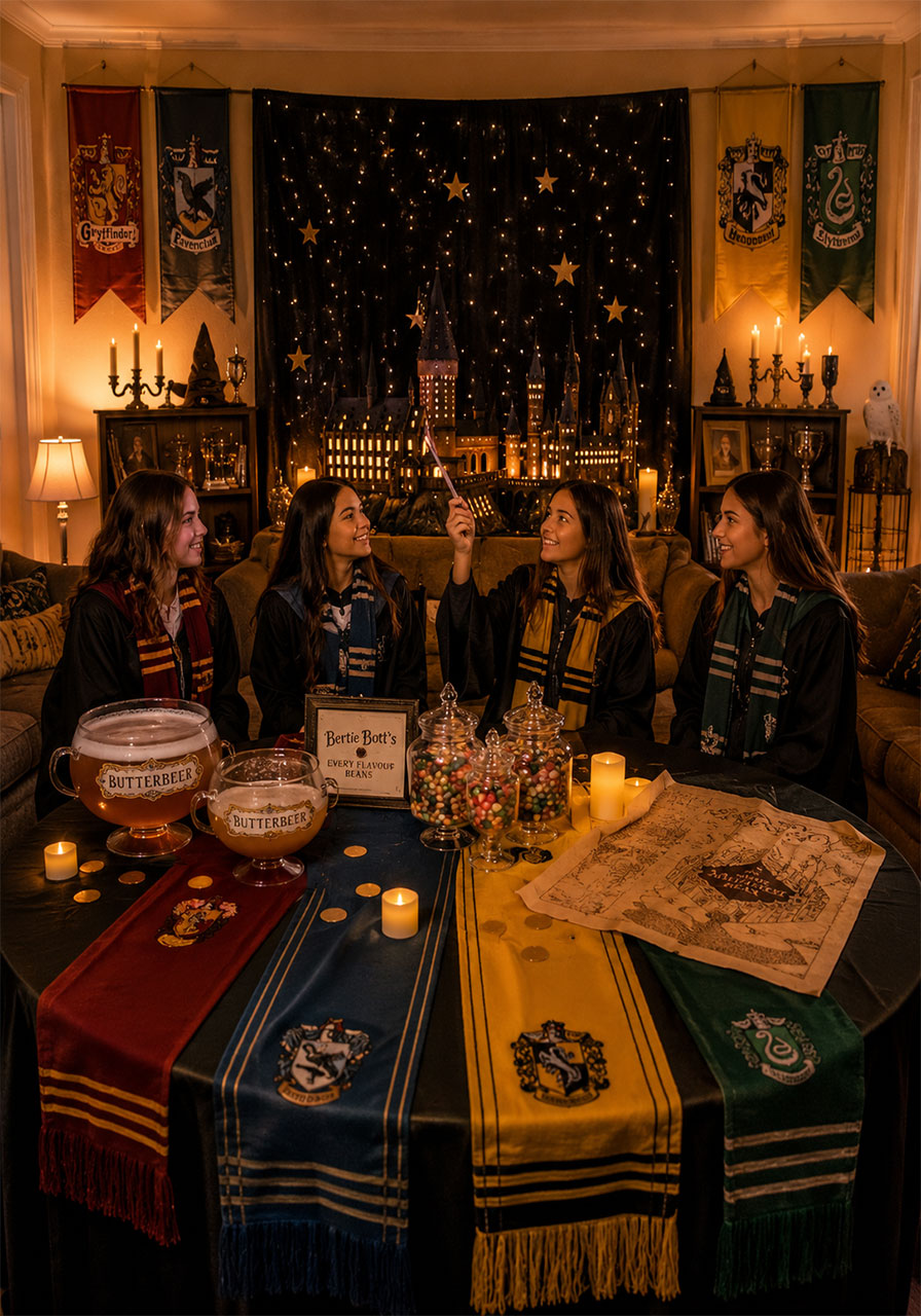 Harry Potter fantasy fiction themed birthday party with Hogwarts decorations and Butterbeer punch for teens