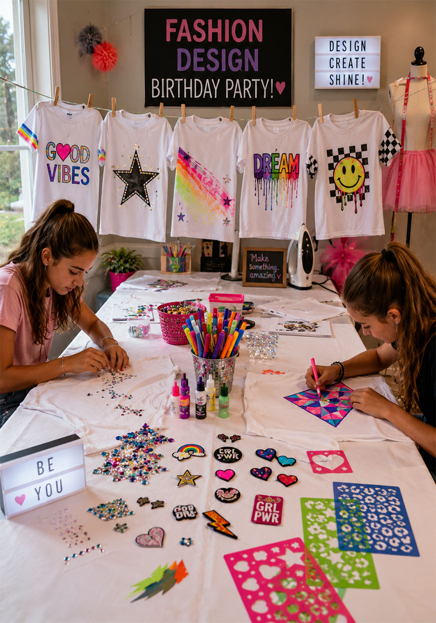 Teen girls designing custom T-shirts at fashion design birthday party with fabric markers and rhinestones