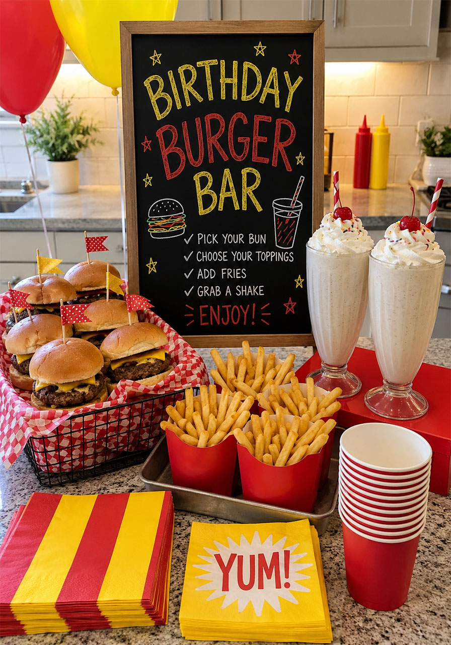 DIY fast food themed birthday party burger bar with sliders fries and milkshakes for teen girls