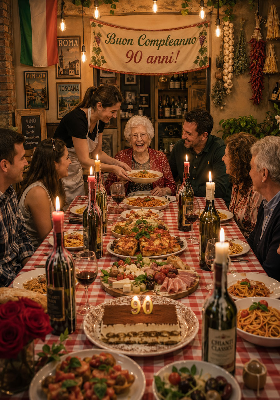 Italian cuisine-themed 90th birthday dinner party with pasta spread, tiramisu, and checkered tablecloth