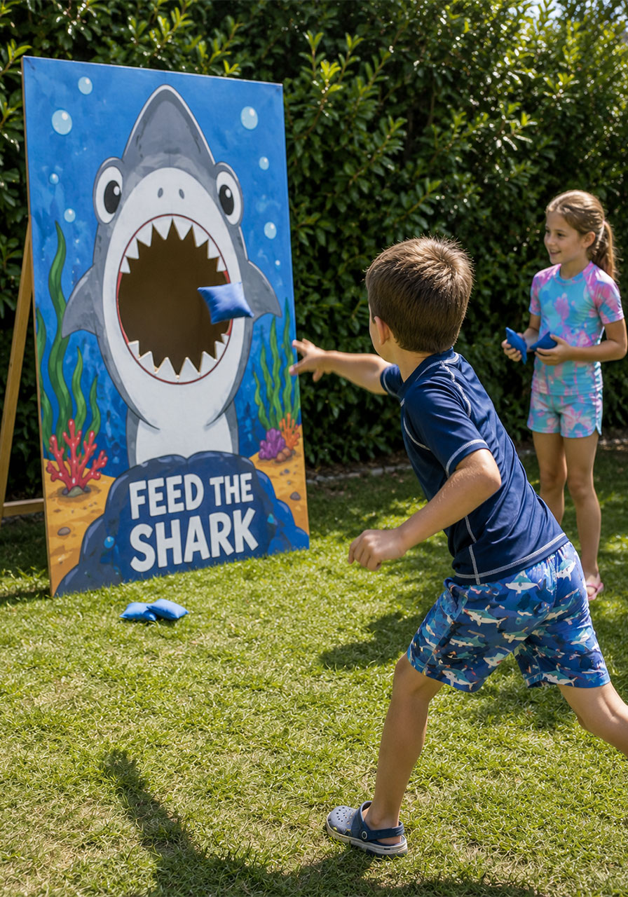 Boy throwing bean bag into Feed the Shark cardboard toss game at outdoor kids shark themed birthday party activity