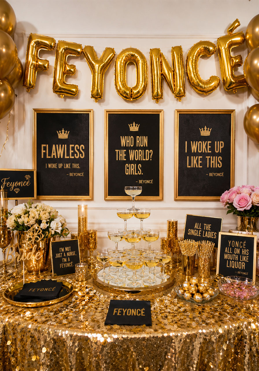 Feyoncé Beyoncé-themed bachelorette party decorations with gold sequin tablecloth, champagne tower, and lyric prints