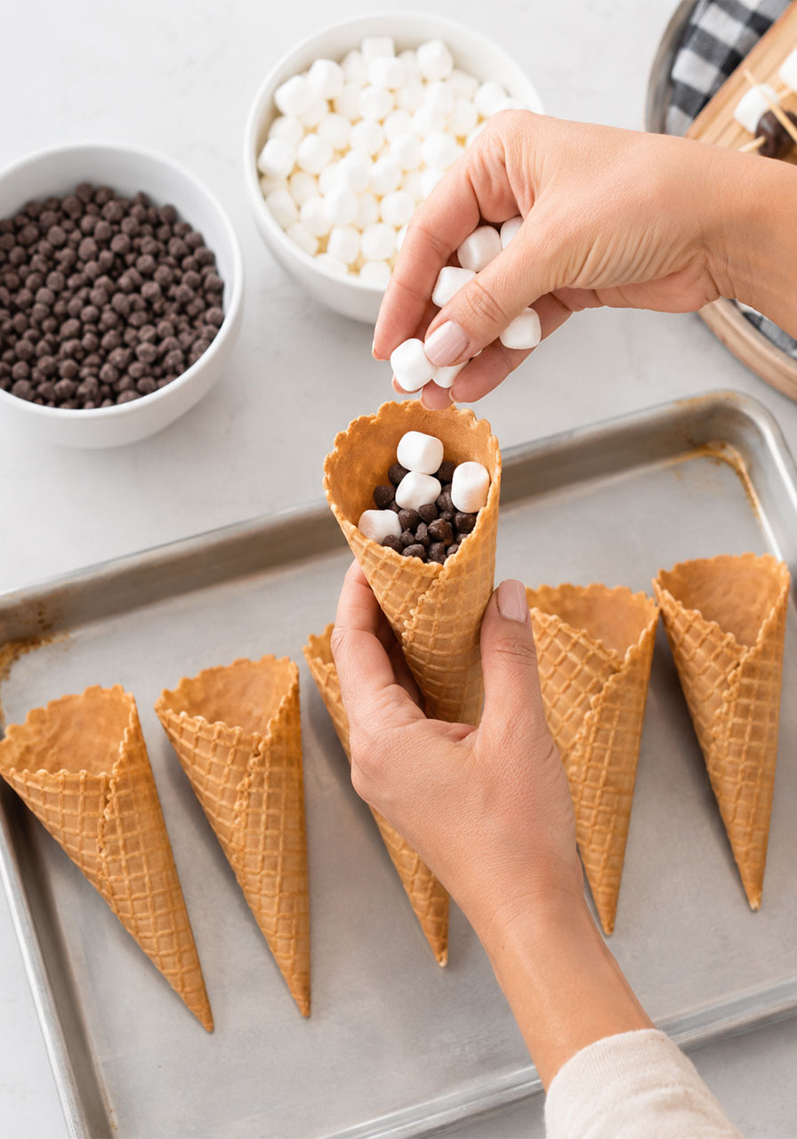 Hands filling a waffle cone with mini marshmallows and chocolate chips for s'mores cones