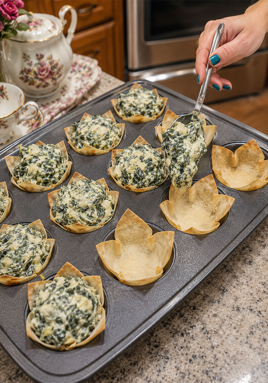 Spooning spinach and artichoke filling into pre-baked wonton cups in muffin tin