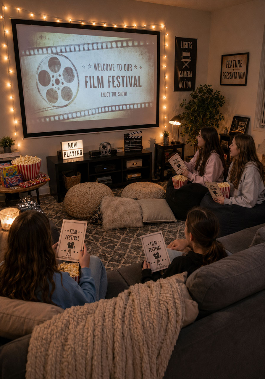 Teen girls at cozy home film festival birthday party with projector screen popcorn and movie programs