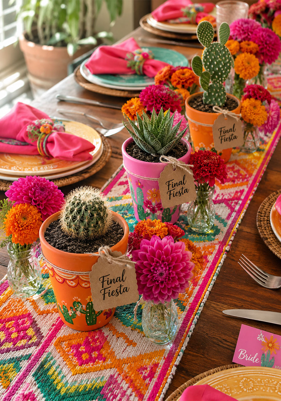 DIY cactus and marigold centerpieces in painted terracotta pots for a Final Fiesta bachelorette party table