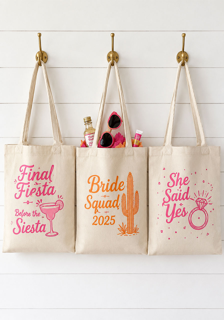 Custom Final Fiesta bachelorette party canvas tote bags with margarita and cactus designs as party favors for the bride squad