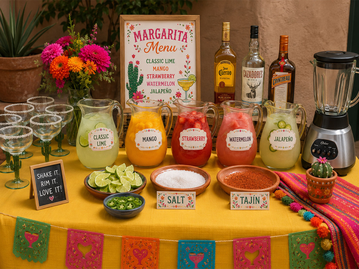 Fully stocked DIY margarita bar with five flavor options, salt rim station, and garnishes for a Final Fiesta bachelorette party