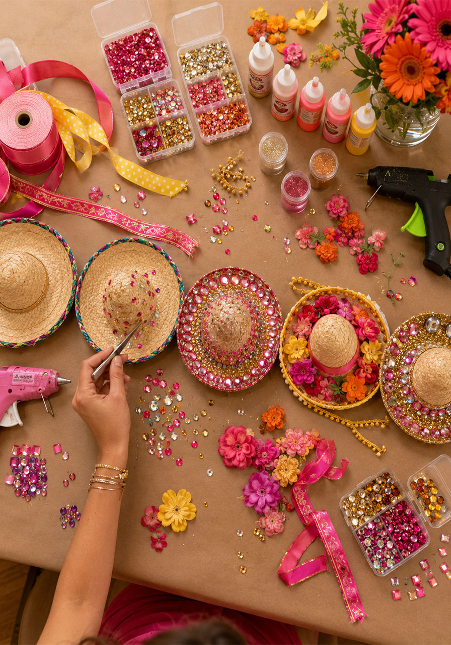 DIY sombrero decorating station with rhinestones, silk flowers, and glitter at a Final Fiesta bachelorette party craft activity