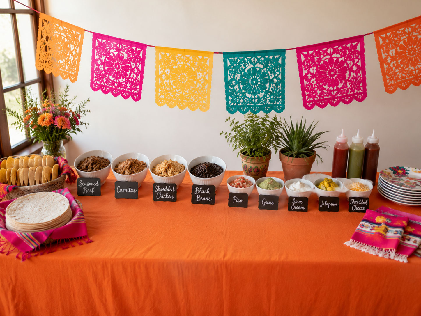DIY taco bar setup for a Final Fiesta bachelorette party with labeled toppings, proteins, and fiesta decorations
