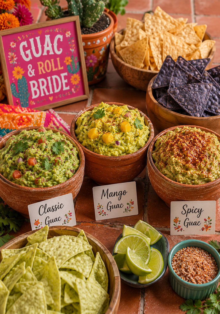 Three varieties of homemade guacamole with tortilla chips in a styled bachelorette party guacamole station