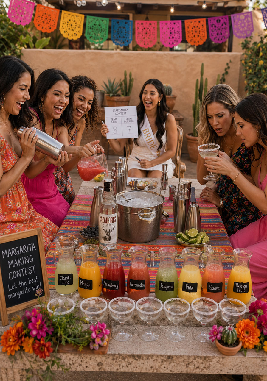 Bridesmaids competing in a margarita-making contest at a Final Fiesta bachelorette party while the bride judges with a scorecard