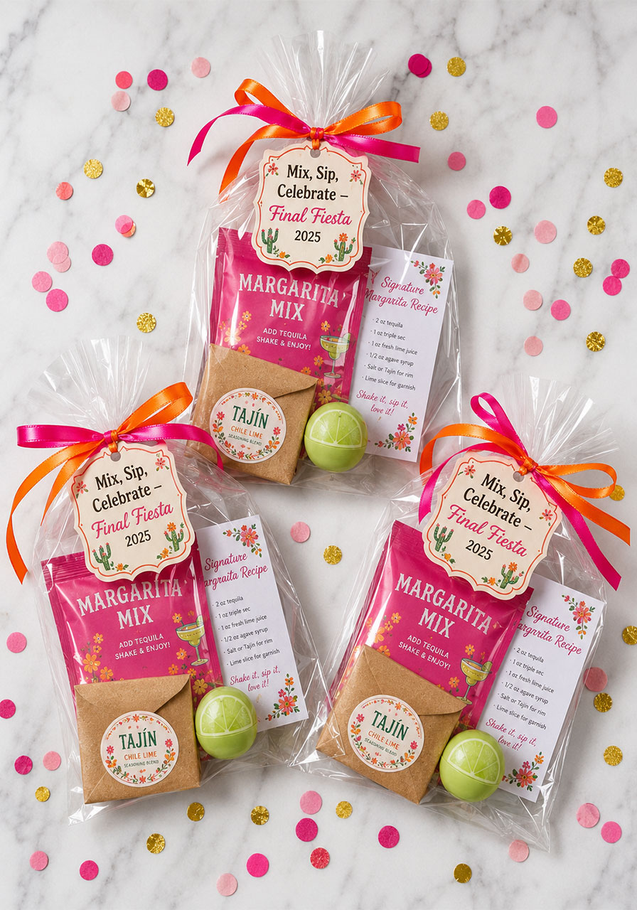 Personalized margarita mix kit party favors with Tajín, recipe card, and custom label for a Final Fiesta bachelorette party