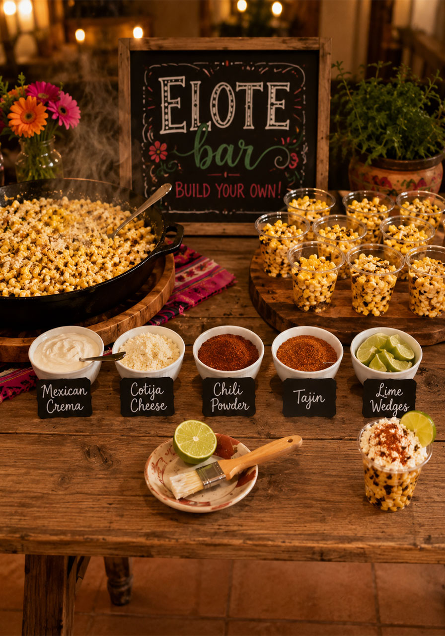 Mexican street corn elote bar with cotija cheese, Tajín, and crema toppings for a Final Fiesta bachelorette party food station