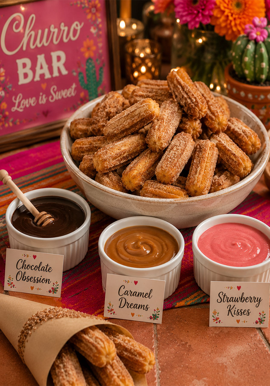 Mini churro bar with chocolate, dulce de leche, and strawberry dipping sauces for a Final Fiesta bachelorette party dessert station