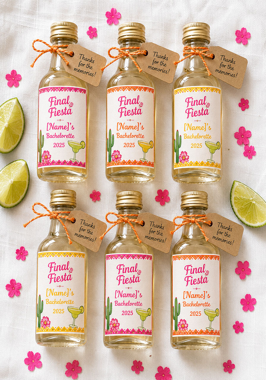 Mini tequila bottles with custom Final Fiesta bachelorette party labels as personalized party favors for the bride squad