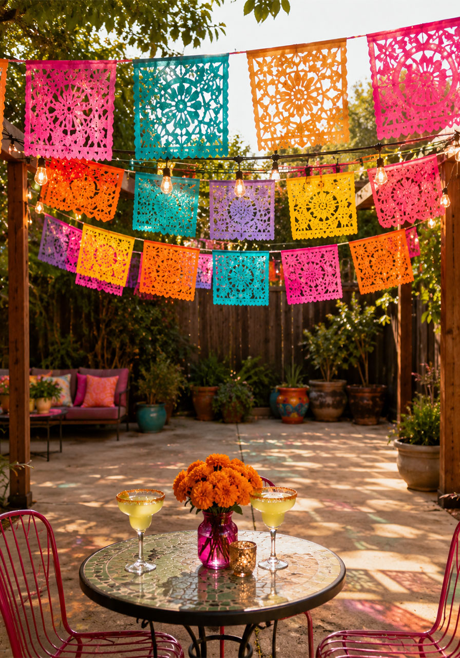 Colorful papel picado banners strung across a backyard patio for a Final Fiesta bachelorette party decoration