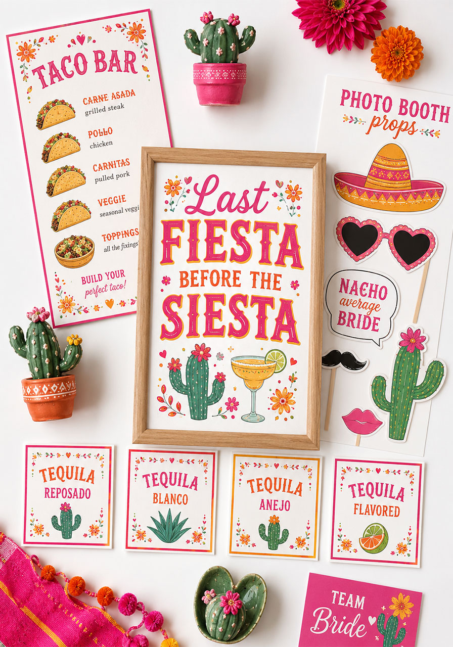 Final Fiesta bachelorette party printable signs including taco bar menu, tequila labels, and photo booth props in pink and orange