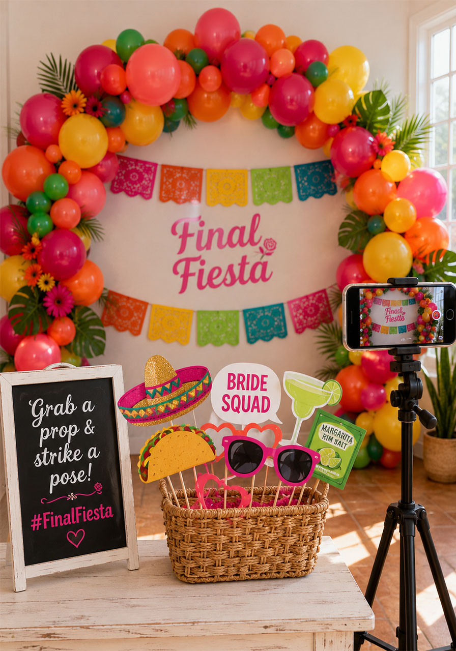 Final Fiesta bachelorette party photo booth with balloon arch backdrop, papel picado, and fiesta props including sombreros and margarita cutouts