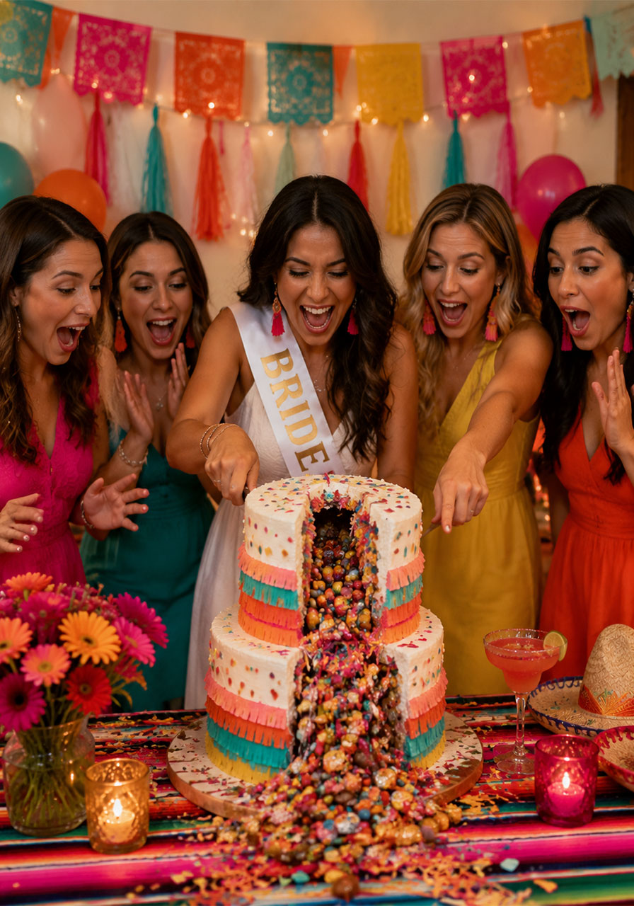 Bride cutting a piñata cake filled with candy at a Final Fiesta bachelorette party as guests react with surprise and delight