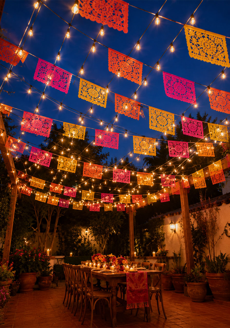 Warm Edison string lights crisscrossed above an outdoor patio for a magical Final Fiesta bachelorette party atmosphere at night
