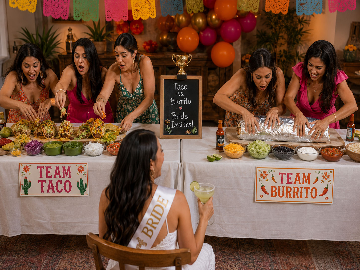 Teams competing in a taco vs. burrito building challenge at a Final Fiesta bachelorette party while the bride judges