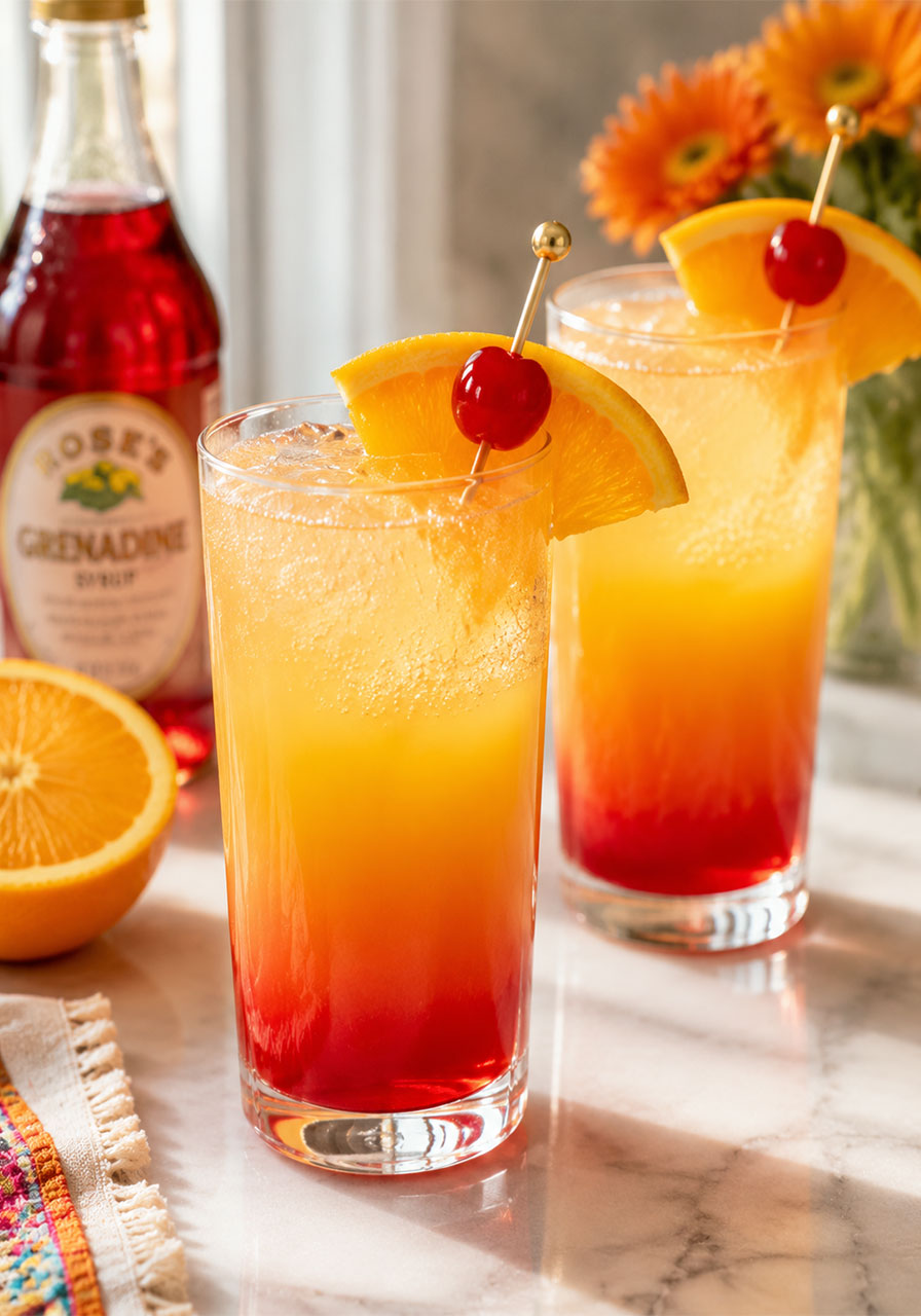 Tequila Sunrise mocktail with grenadine gradient in a tall glass for a non-alcoholic Final Fiesta bachelorette party drink option