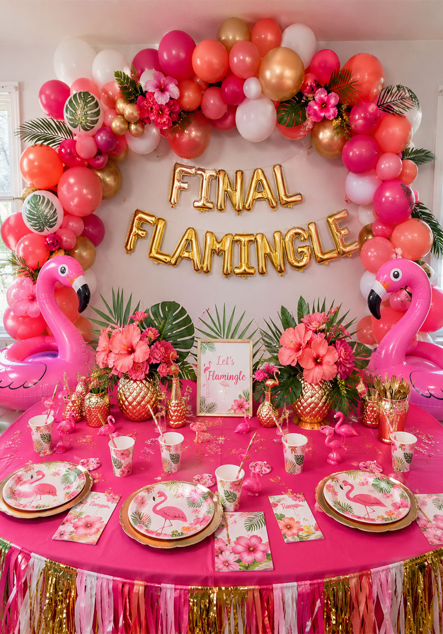 Final Flamingle bachelorette party decorations with pink balloon arch, flamingo floaties, and gold accents
