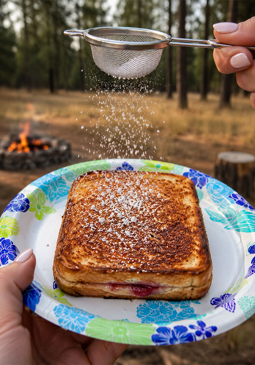 Finished strawberry cheesecake pudgy pie on a paper plate dusted with powdered sugar at a campsite