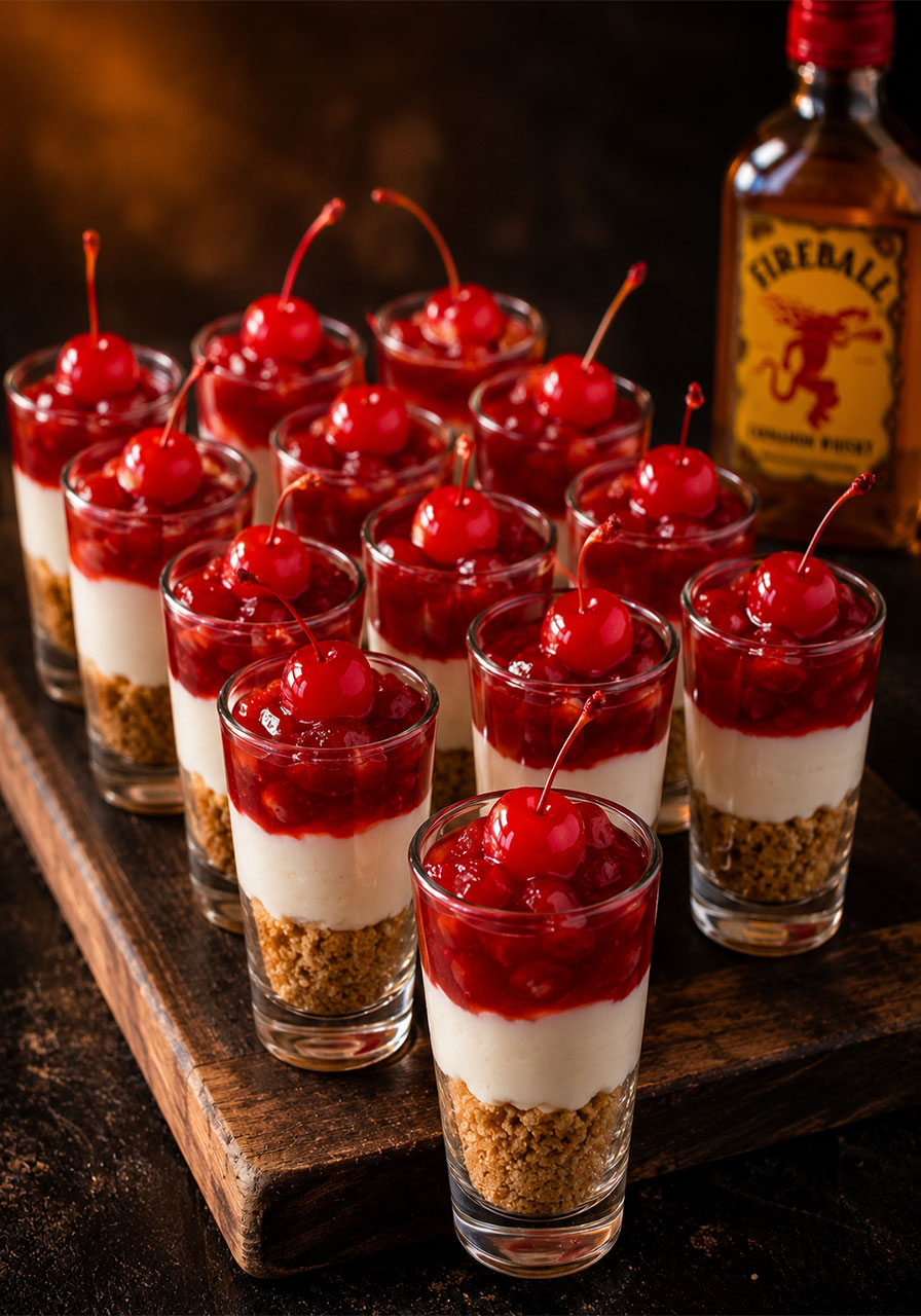Fireball whiskey cheesecake shots in a grid of shot glasses showing three layers: graham cracker crust, cream cheese filling, and cherry topping, on a dark wood tray