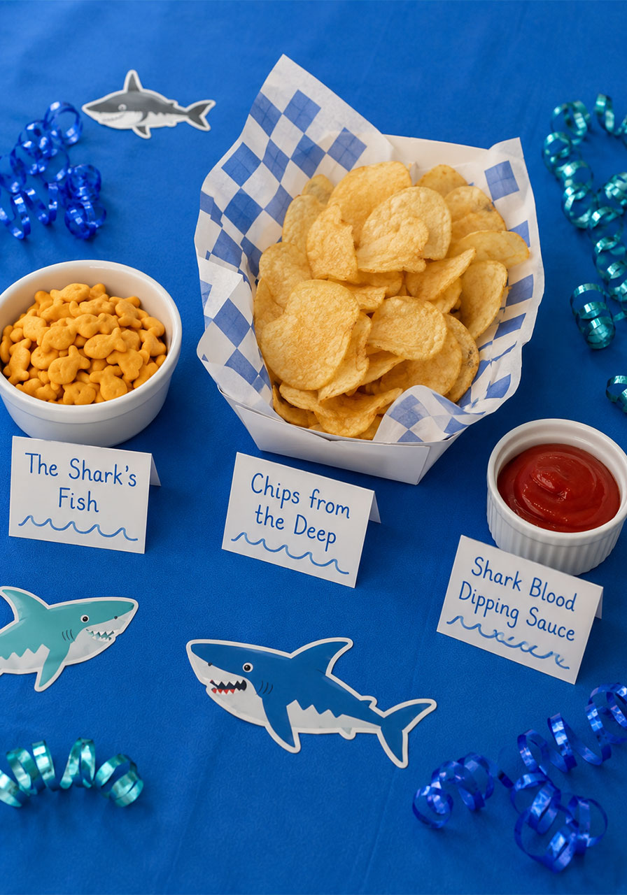 Shark themed fish and chips snack station with goldfish crackers chips and shark blood ketchup dipping sauce labels for kids party
