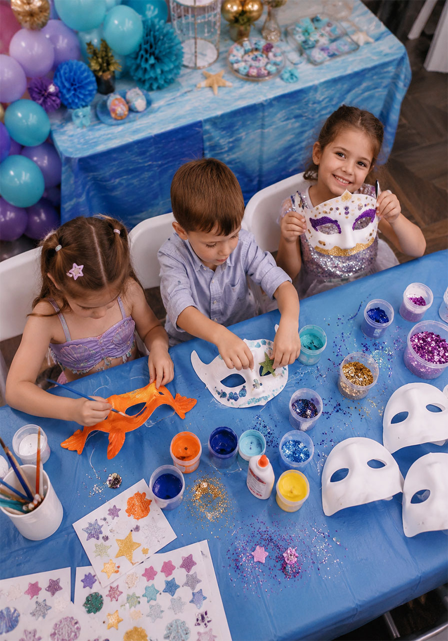 Kids decorating fish masks at a craft station at an under the sea birthday party activity
