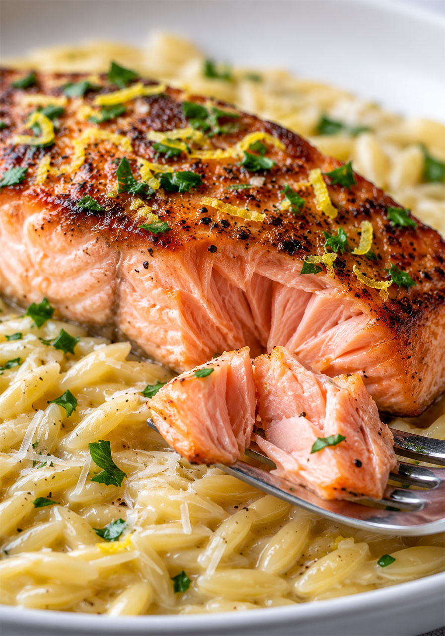 Close-up of flaky seared salmon fillet on creamy lemon orzo