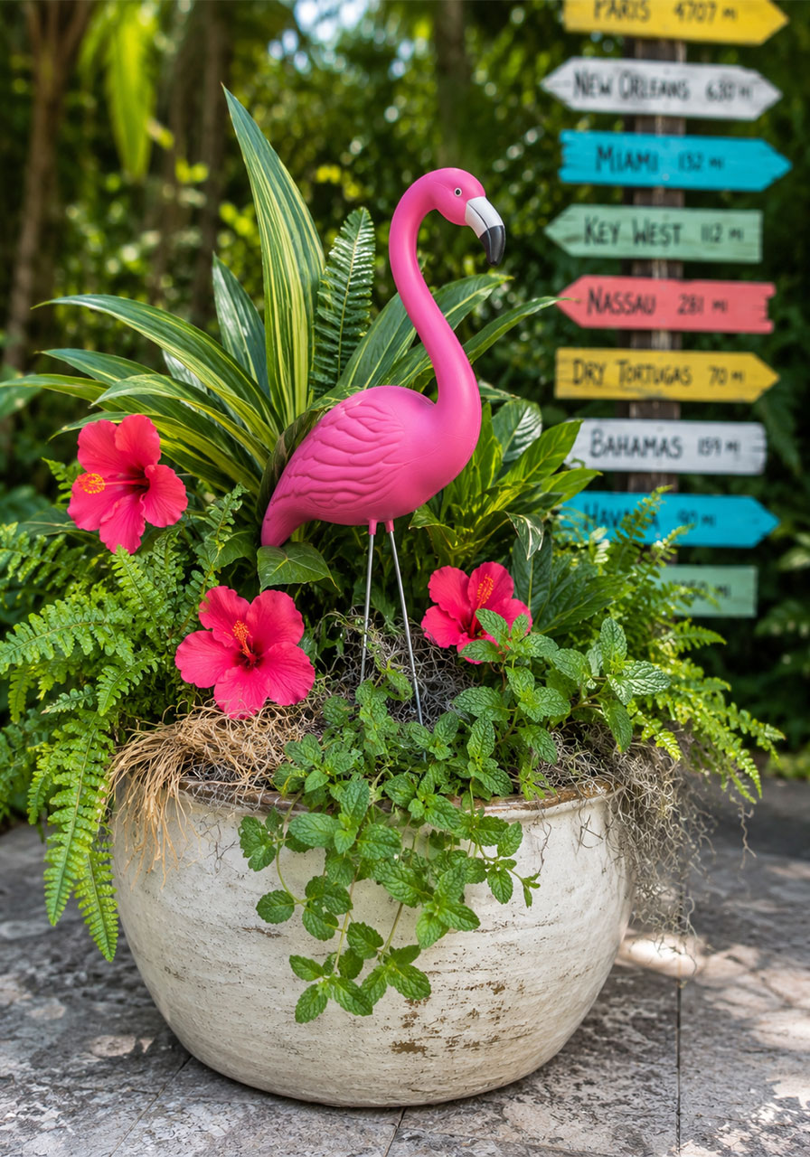 Pink flamingo lawn ornament in a tropical planter pot with hibiscus and greenery for Key West party décor