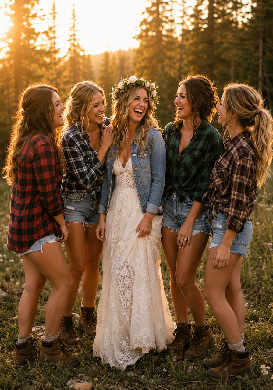 Bride in white lace dress and denim jacket with bridesmaids in flannel shirts at camp bachelorette party in forest at golden hour