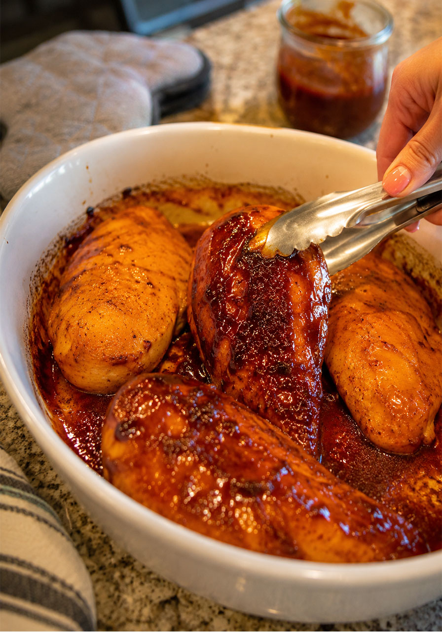 Flipping baked BBQ chicken breasts halfway through cooking to add more BBQ sauce for caramelized glaze