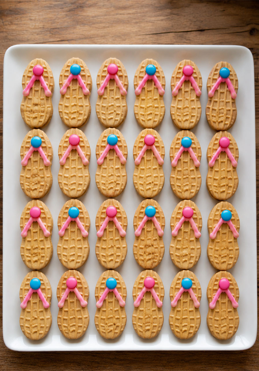 Homemade flip flop cookies made from Nutter Butter cookies with pink icing for a summer pool party treat