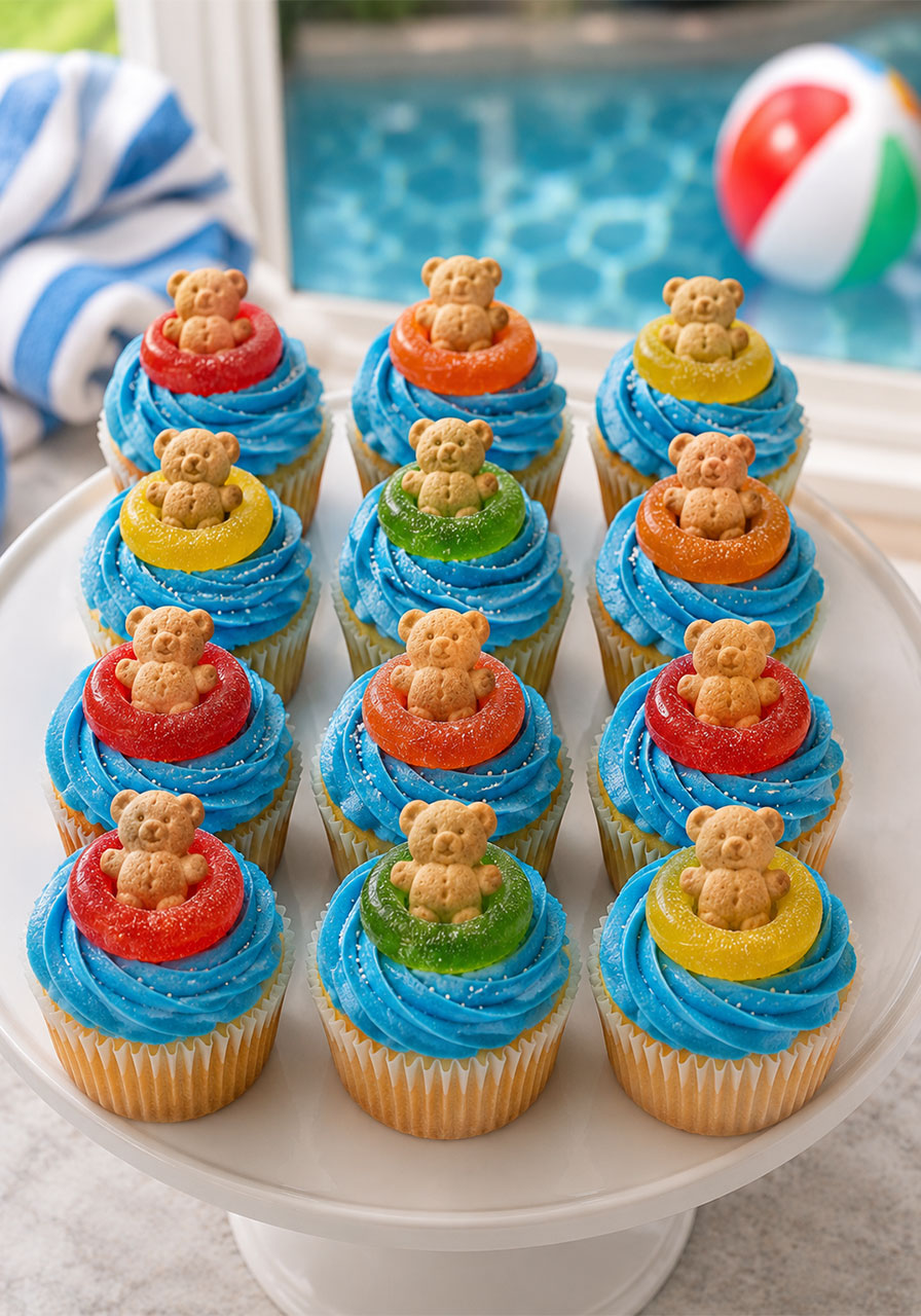 Blue buttercream cupcakes topped with gummy ring floatie and teddy bear cookie