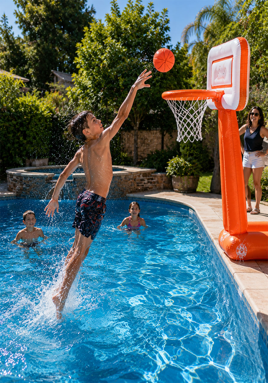 Child shooting a basketball into a floating pool hoop during a competitive summer pool party game