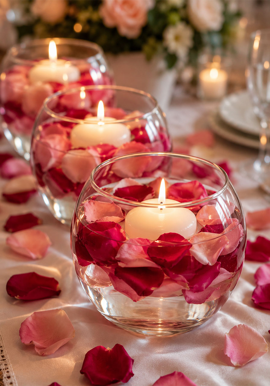Clear glass bowls with floating white candles and pink rose petals as a romantic bridal shower table centerpiece