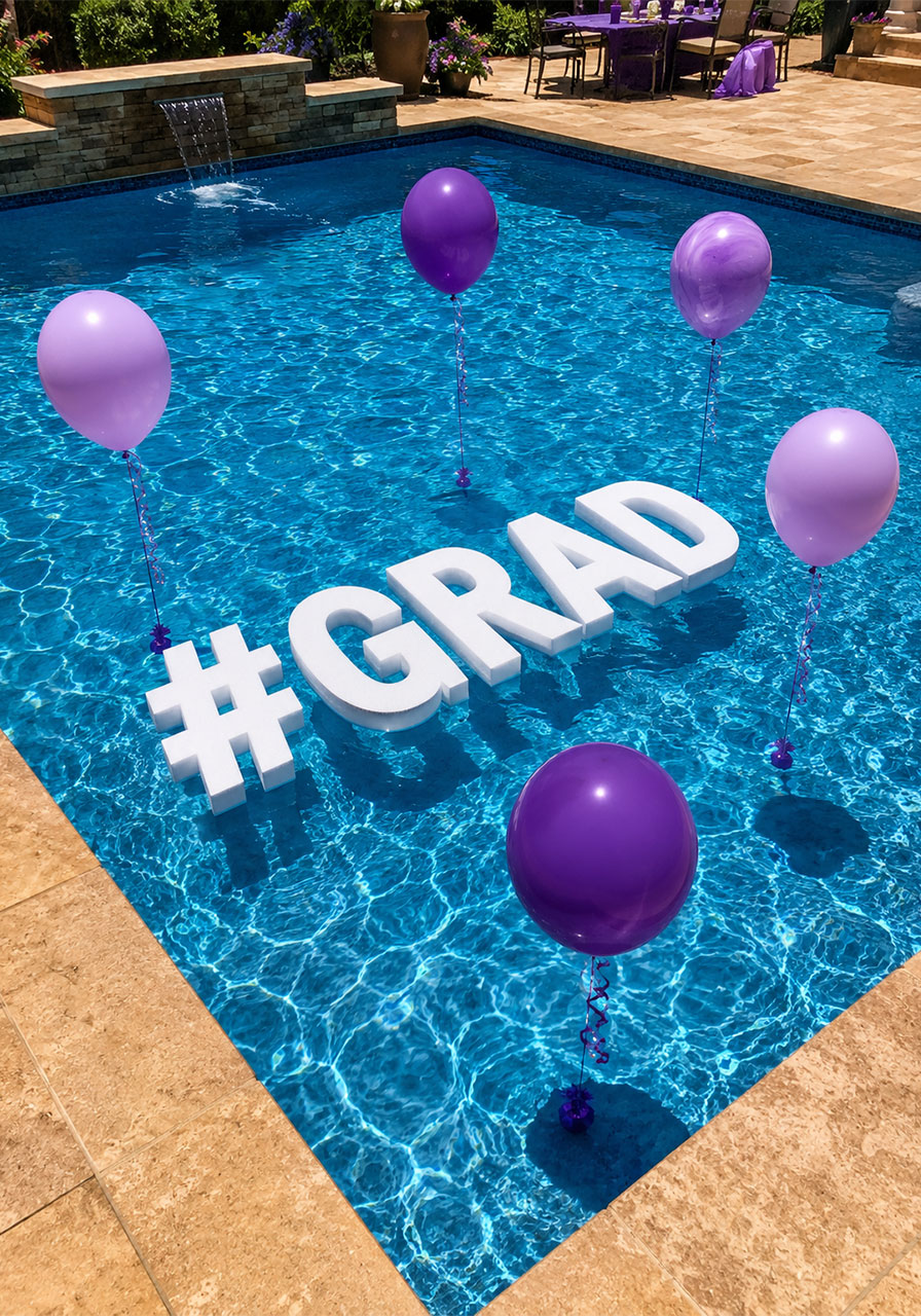 White foam hashtag GRAD floating letters in a swimming pool with purple balloons for a graduation pool party decoration