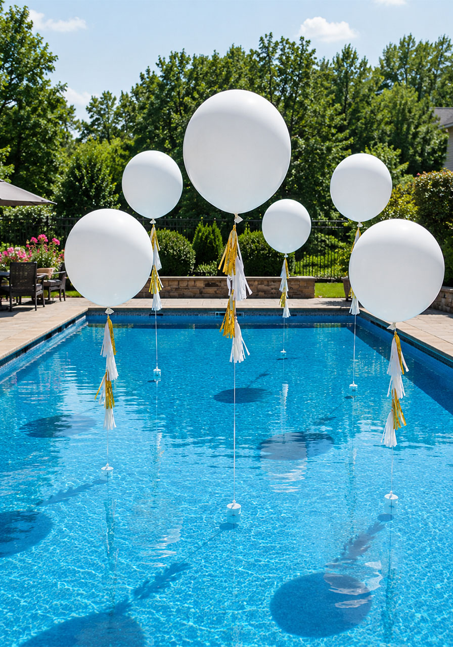 Giant white helium balloons with gold tassels floating above a swimming pool for a graduation pool party decoration